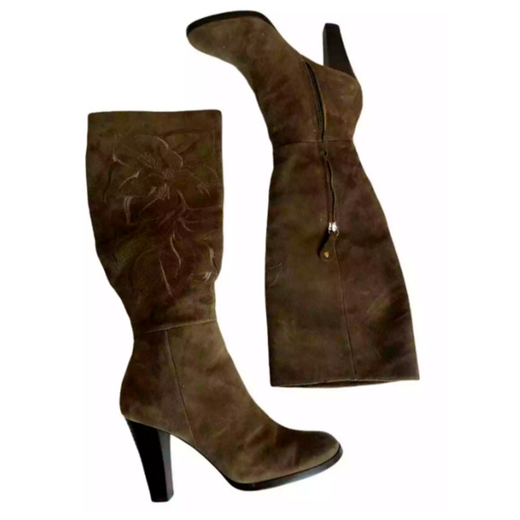 Isola Womens Floral Suede Cone Heels Boots Side Zip Brown Knee High Preppy 7M - Picture 1 of 7
